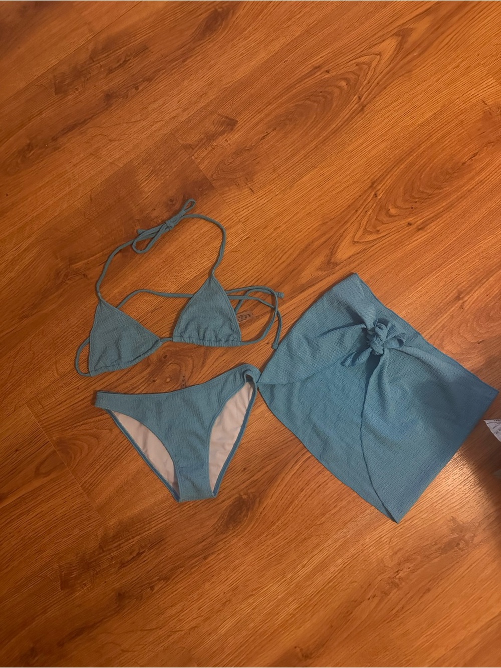 SHEIN Blue Ribbed Triangle Bikini Set with Sarong